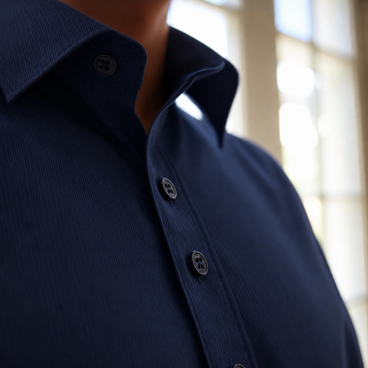 Detalhe da gola e botões de camisa social Rekin