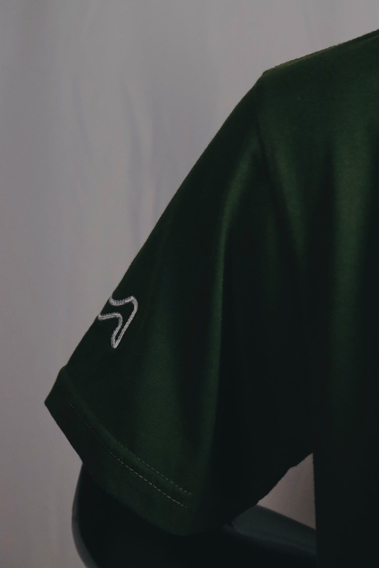 Detalhe de bordado discreto na manga de camiseta verde